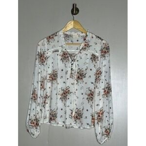Altar'd State Floral Ruffle Neck Blouse XS White Boho Balloon Sleeve Crochet